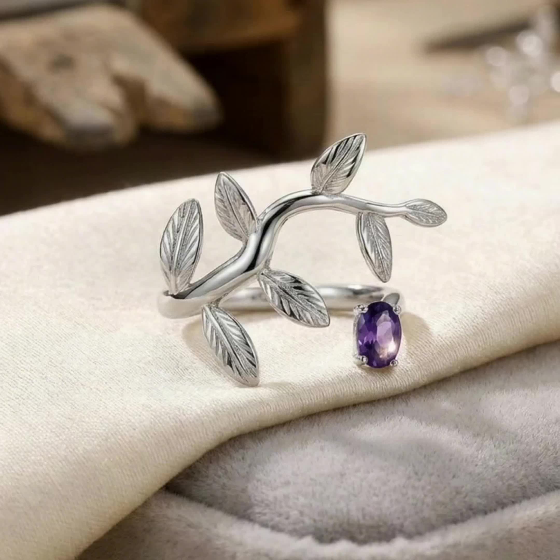 Light Luxury 3D Leaf Women's Open Ring with Zirconia